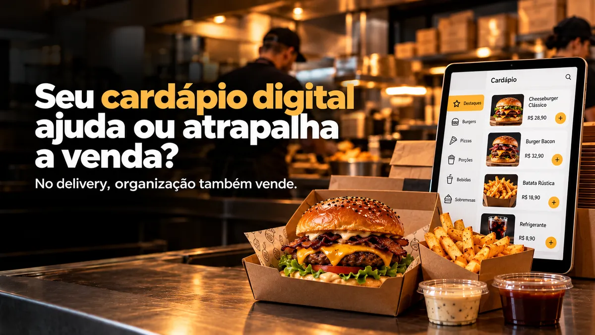 Tablet com um cardápio digital organizado por categorias ao lado de hambúrguer e batata frita no balcão