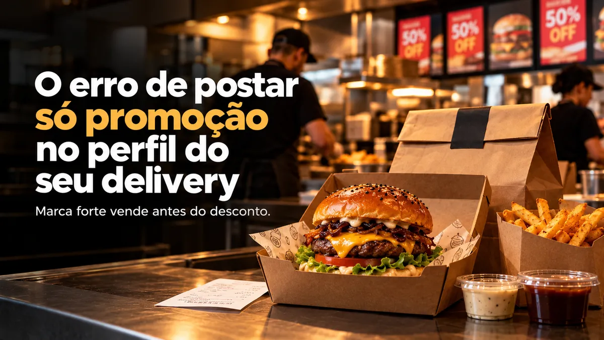 Hambúrguer na embalagem de papel com batata frita no balcão, e cartazes de 50% off ao fundo