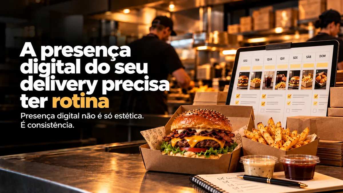 Calendário semanal de postagens num tablet, com hambúrguer, batata frita e um caderno de tarefas no balcão
